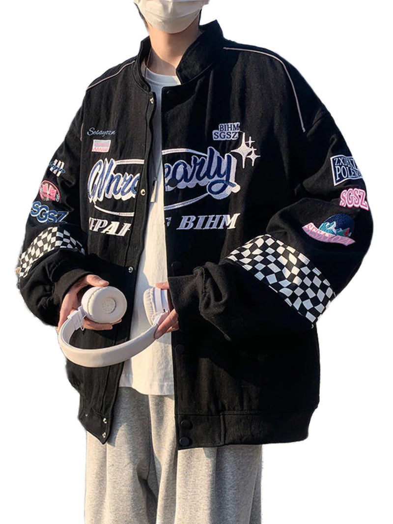 Embroidered Chess Patches Racer Jacket