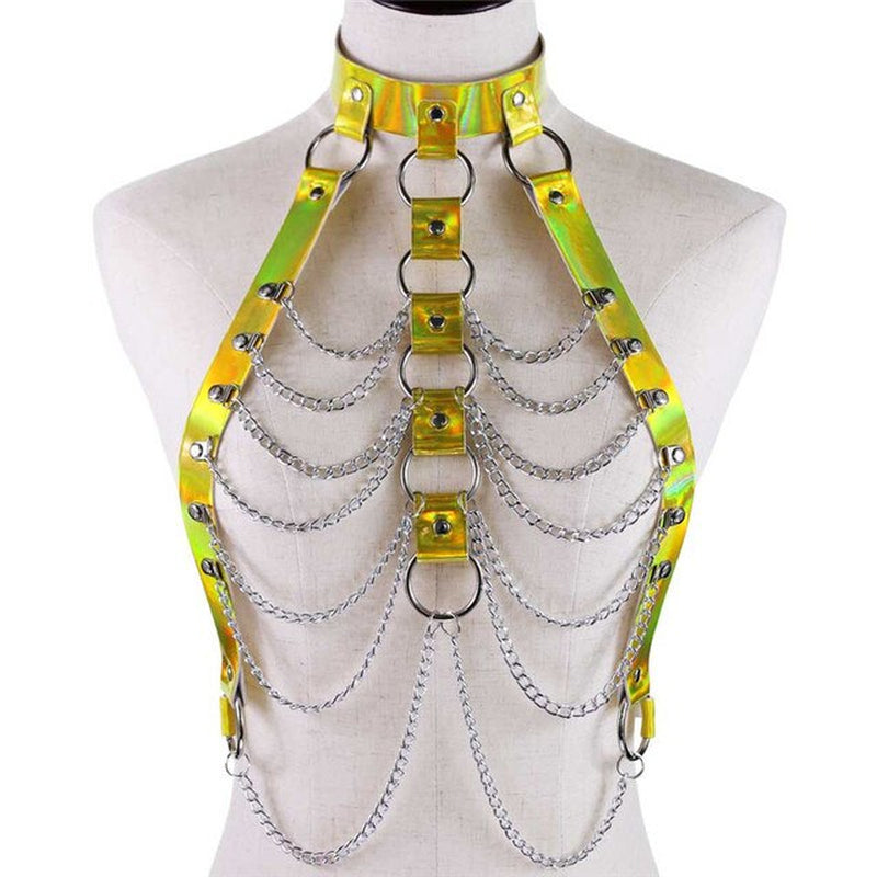 Metallic Neon Leather And Chains Harness