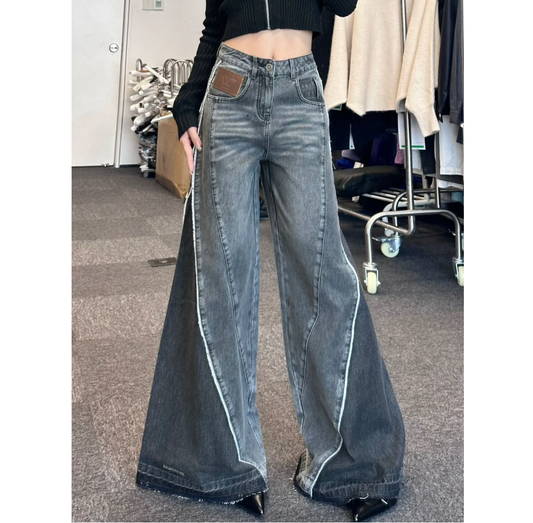 Two-Color High Waist Wide Leg Jeans