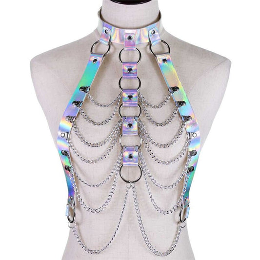 Metallic Neon Leather And Chains Harness