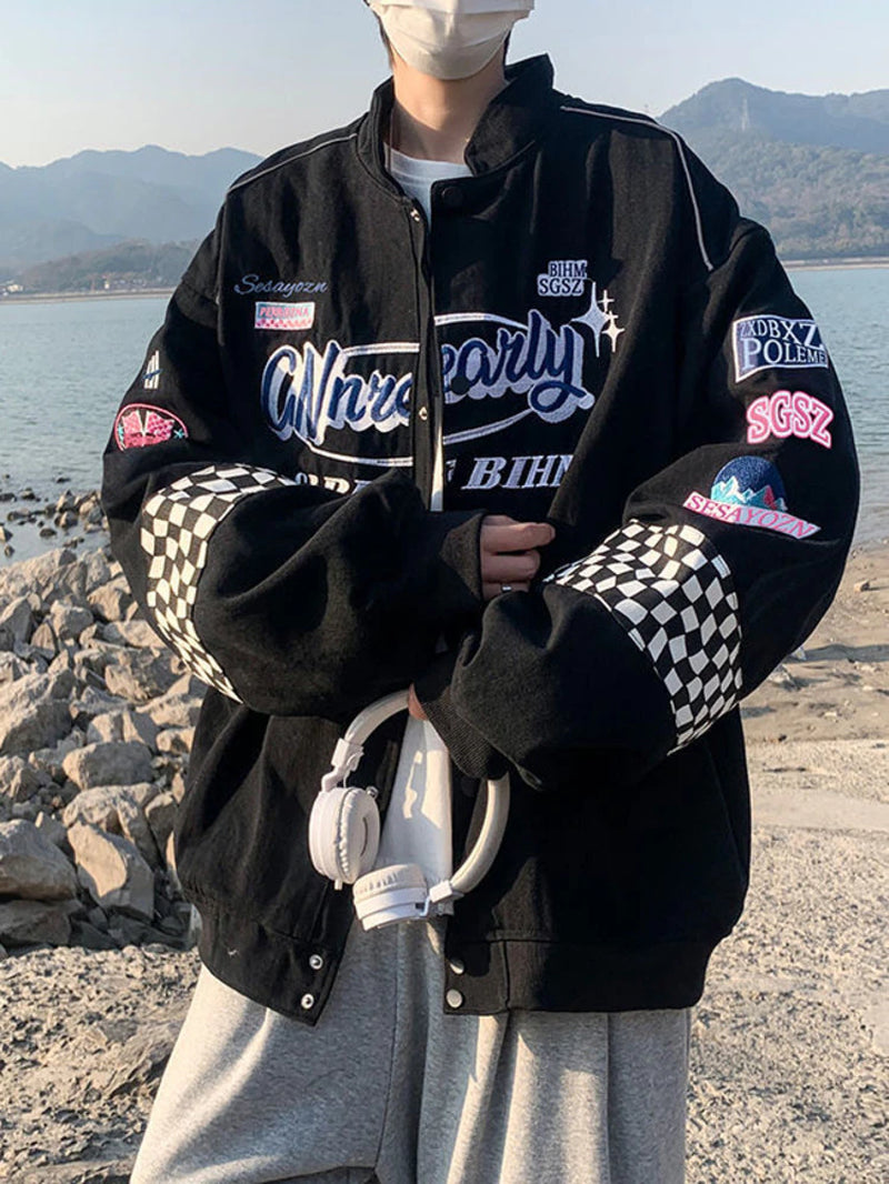 Embroidered Chess Patches Racer Jacket