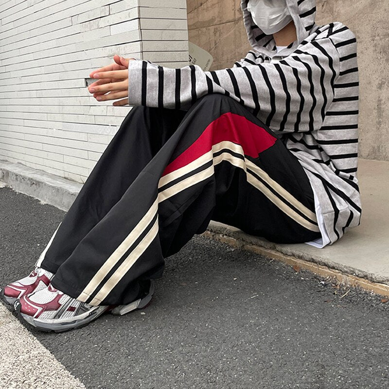 Stripes Black, Red, White Wide Leg Joggers