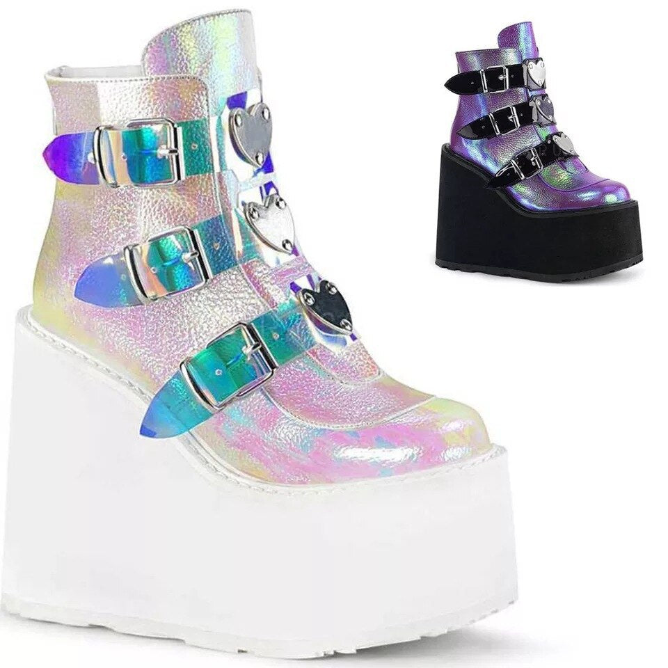 Heart Buckle Straps Neon High Platform Boots