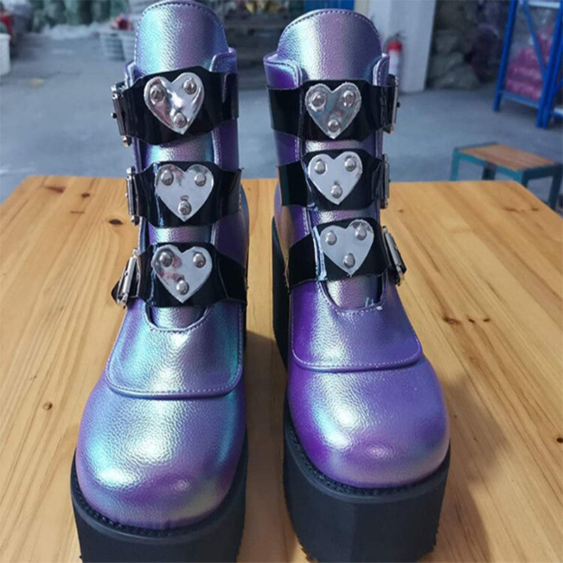 Heart Buckle Straps Neon High Platform Boots