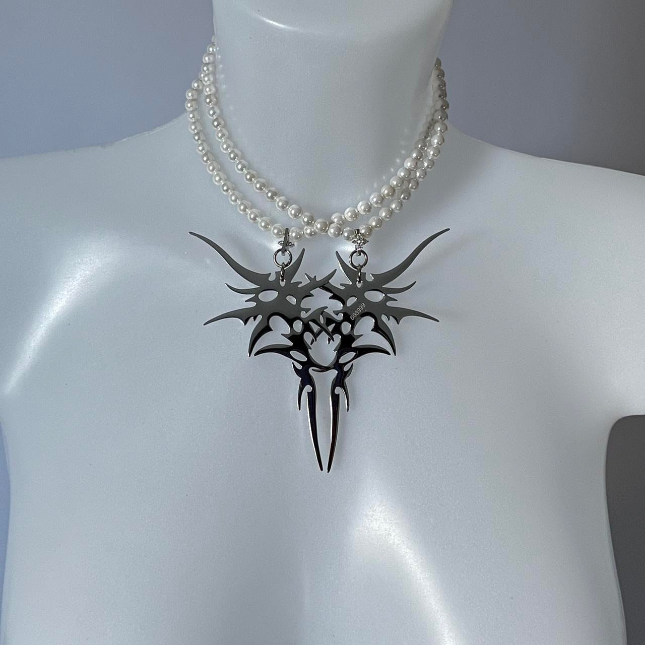 Tribal Metal Pendant on Pearls Neckless