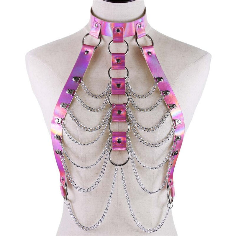 Metallic Neon Leather And Chains Harness