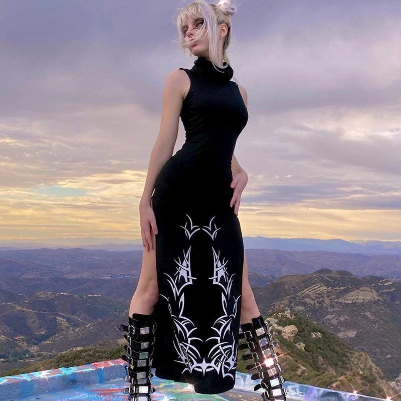 Slim Waist Tribal High Slit Dress