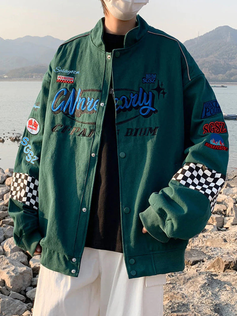 Embroidered Chess Patches Racer Jacket