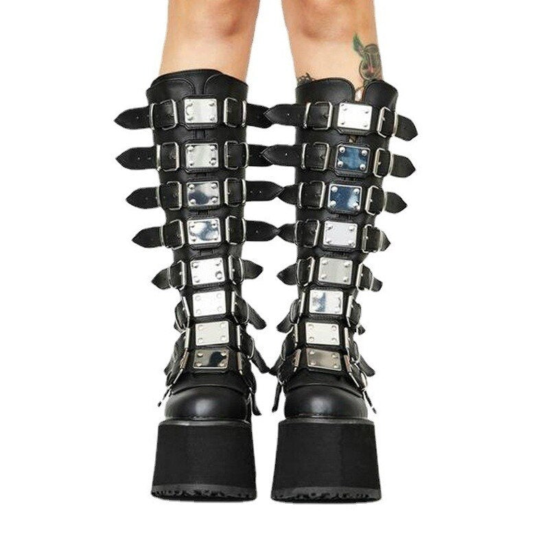 High Heel Belt Buckle Knee Boots