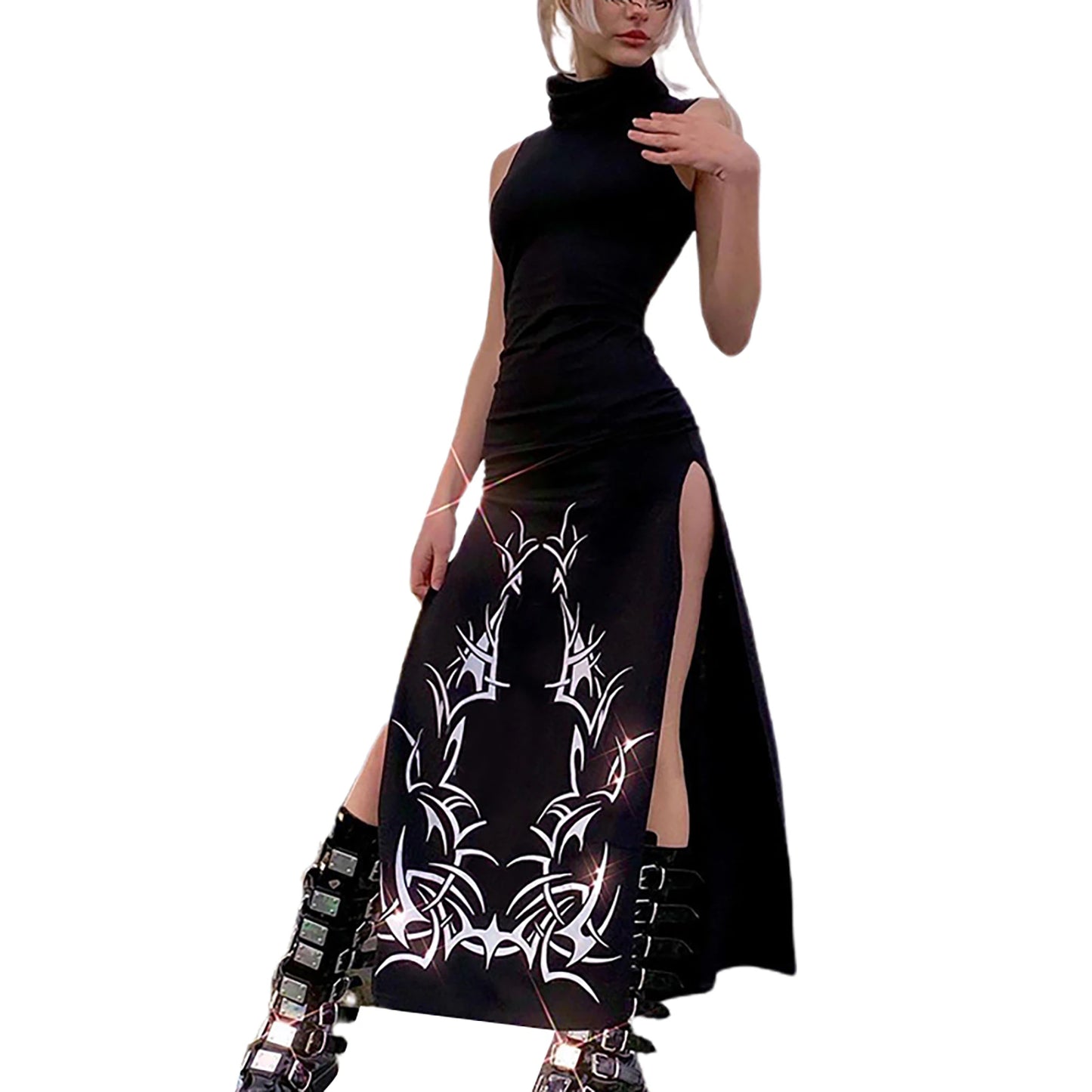 Slim Waist Tribal High Slit Dress