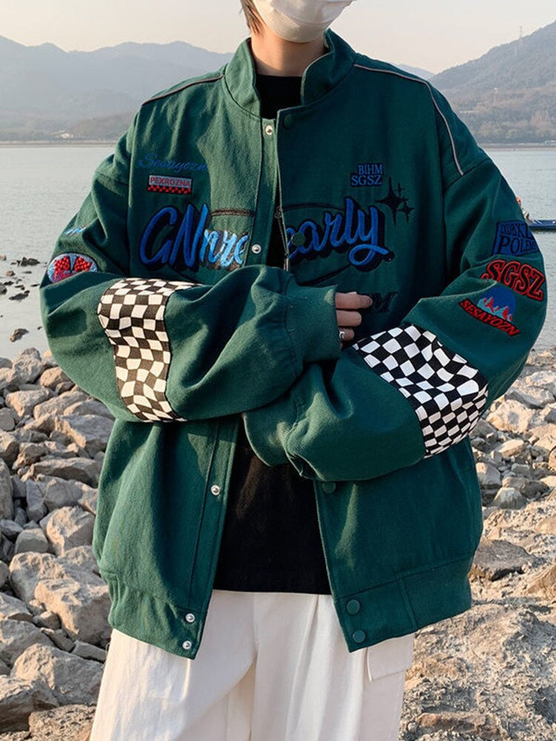 Embroidered Chess Patches Racer Jacket