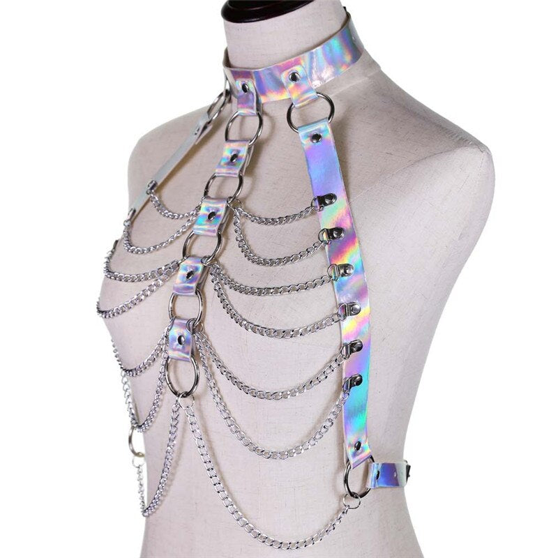 Metallic Neon Leather And Chains Harness